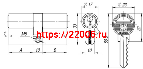 Цилиндровый Fuaro (Фуаро) механизм (100 ZA/60) 1000ZAKey60(25+10+25) AB бронза 5Key фото 2