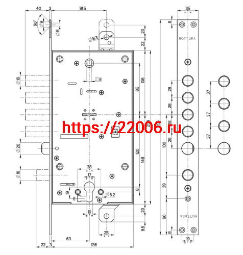 Замок Mottura (Моттура) врезной двухсистемный 54.797-D (правый) (без накладок), ключ 60 мм фото 2