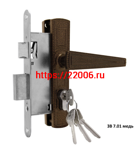 Замок Omega (Омега) врезной цилиндровый с защёлкой в комплекте с ручкой ЗВ7.01 (медь), 4 кл. Замок Omega (Омега) врезной цилиндровый с защёлкой в комплекте с ручкой ЗВ7.01 (медь), 4 кл.