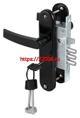 Замок Sam (Сам) врезной сувальдный с защёлкой в комплекте с ручкой ЗВ9-8/13 (черный муар), 3 кл. /76704/ Замок Sam (Сам) врезной сувальдный с защёлкой в комплекте с ручкой ЗВ9-8/13 (черный муар), 3 кл. /76704/