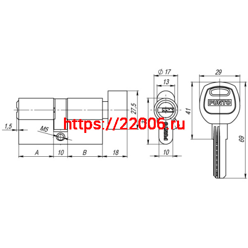 Цилиндровый Punto (Пунто) механизм (A202/100) A2002Knob100(45+10+45) с вертушкой SN никель фото 3