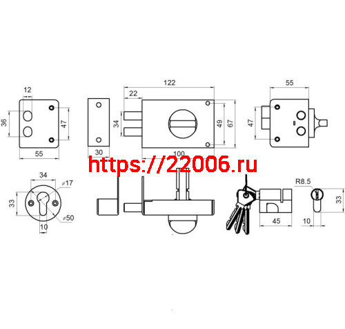Замок Omega (Омега) накладной цилиндровый ЗН-1 2Р медь фото 2