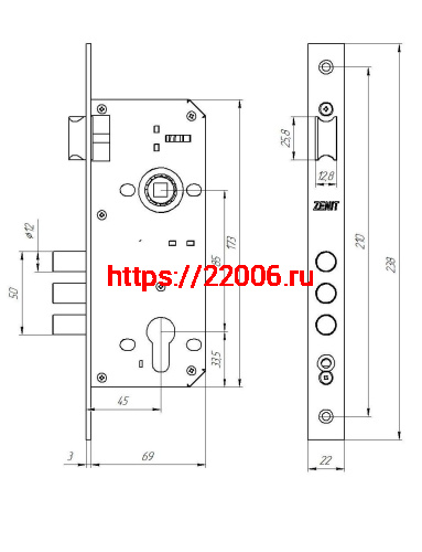 Замок Zenit (Зенит) врезной цилиндровый с защёлкой в комплекте с ручкой ЗВ4-85.3 (медь), 5 кл. фото 2 Замок Zenit (Зенит) врезной цилиндровый с защёлкой в комплекте с ручкой ЗВ4-85.3 (медь), 5 кл. фото 2