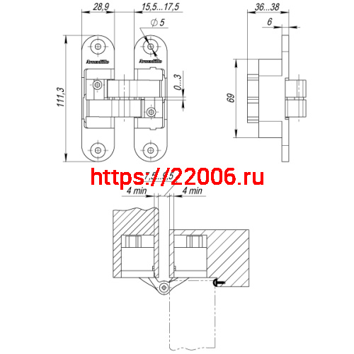 Петля Armadillo (Армадилло) скрытой установки U3D6200R CP правая (Architect 3D-ACH 60) хром 60 кг фото 2