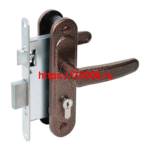 Замок Absolyute (Абсолют) врезной цилиндровый с защёлкой в комплекте с ручкой ЗВ4-3/03 (медь антик), 4 кл.