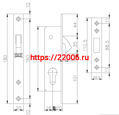 Замок Kale kilit (Кале килит) врезной цилиндровый узкопрофильный 201 (20 mm) (никель), 3 кл. фото 3
