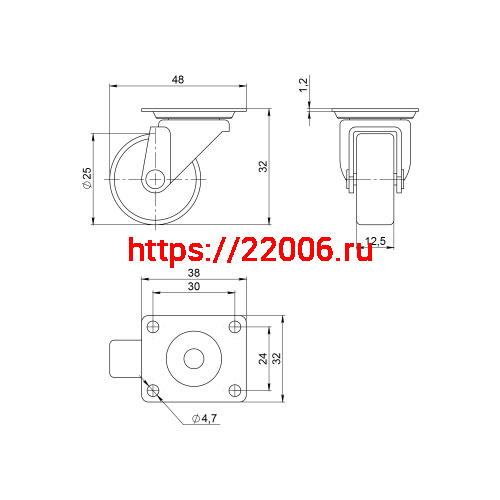 Опора колесная Ajax (Аякс) с площадкой WL/B-25R/15kg резина фото 2