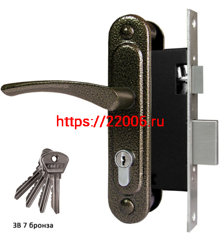 Замок Omega (Омега) врезной цилиндровый с защёлкой в комплекте с ручкой ЗВ7 (бронза), 4 кл. Замок Omega (Омега) врезной цилиндровый с защёлкой в комплекте с ручкой ЗВ7 (бронза), 4 кл.