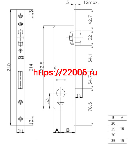 Корпус Kale kilit (Кале килит) узкопрофильного замка с роликовой защёлкой 155/P (35 mm) w/b (хром) (без отв. планки) фото 3