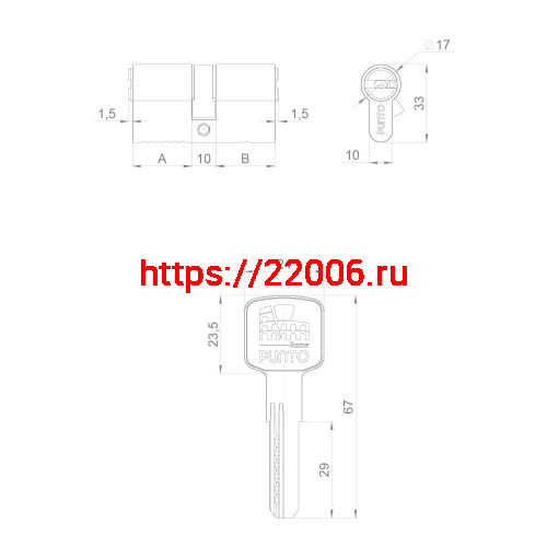 Цилиндровый Punto (Пунто) механизм Z3000Key70(30+10+30) СP хром фото 3
