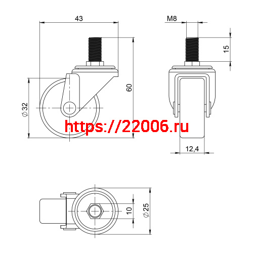 Опора Ajax (Аякс) колесная WL/P-30R/20 kg резина, с винтом М8 фото 2 Опора Ajax (Аякс) колесная WL/P-30R/20 kg резина, с винтом М8 фото 2