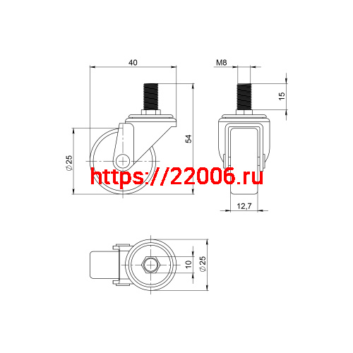 Опора Ajax (Аякс) колесная WL/P-25R/20 kg резина, с винтом М8 фото 2 Опора Ajax (Аякс) колесная WL/P-25R/20 kg резина, с винтом М8 фото 2