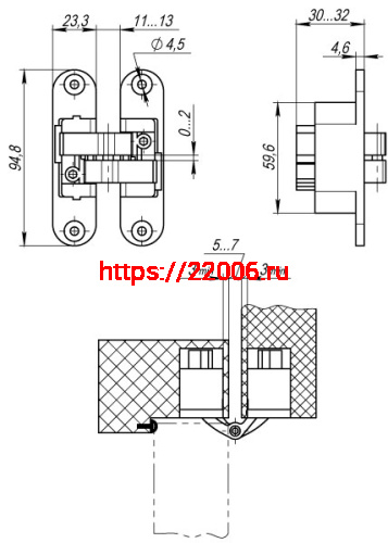 Петля Armadillo (Армадилло) скрытой установки U3D4200L SC левая (Architect 3D-ACH 40) мат. хром 40 кг фото 4
