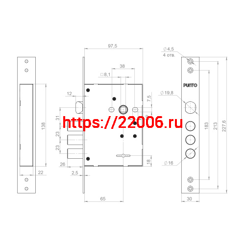 Замок Punto (Пунто) врезной сувальдный MDV30/S-65.77 CP хром (длинный ключ) тех.уп. фото 4