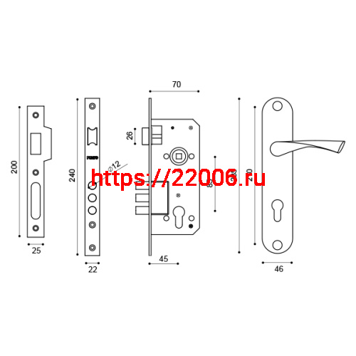 Замок Punto (Пунто) цилиндровый в комплекте с ручкой LOCKSET90.CRONA.4585-3 (KIT P90 4585/3 CRONA) SN мат.никель фото 3