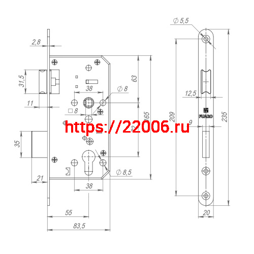 Замок Fuaro (Фуаро) врезной DD.INOX/C-55.72 (лиц.планка 20 мм) фото 3 Замок Fuaro (Фуаро) врезной DD.INOX/C-55.72 (лиц.планка 20 мм) фото 3