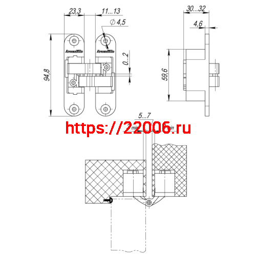 Петля Armadillo (Армадилло) скрытой установки U3D4200L CP левая (Architect 3D-ACH 40) хром 40 кг фото 3